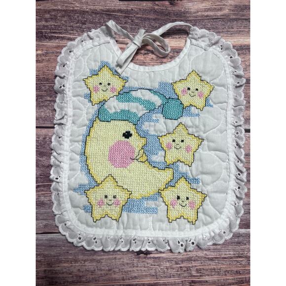 Handmade Moon Stars Cross Stitch Bib - Picture 2 of 3